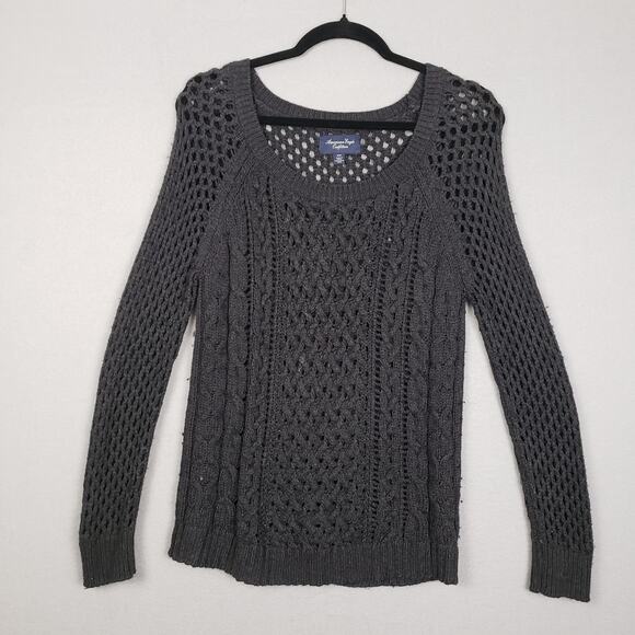 American Eagle Women's M Open Weave Cable Knit Sweater Black Pullover Fisherman - Picture 1 of 5